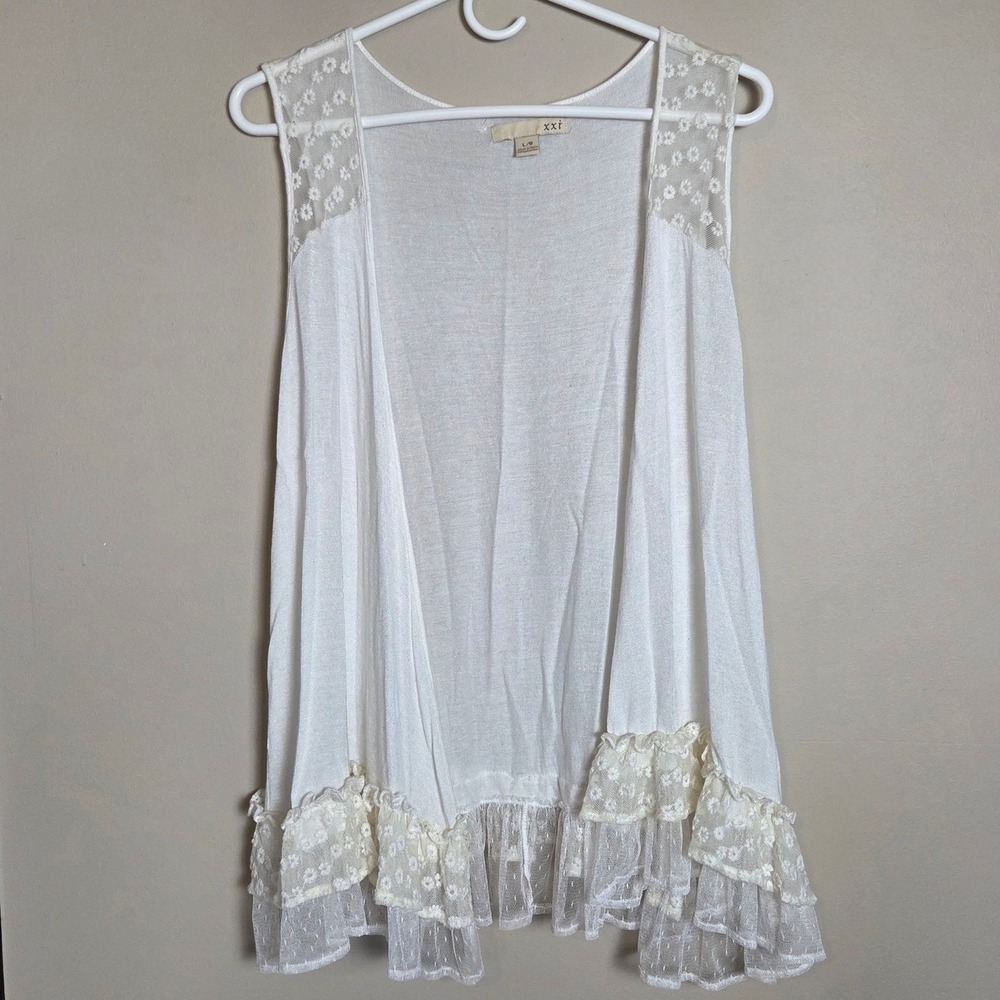 Boho Floral Lace Ruffle Trim Open Front Ivory Vest Cardigan Fairycore Romantic
